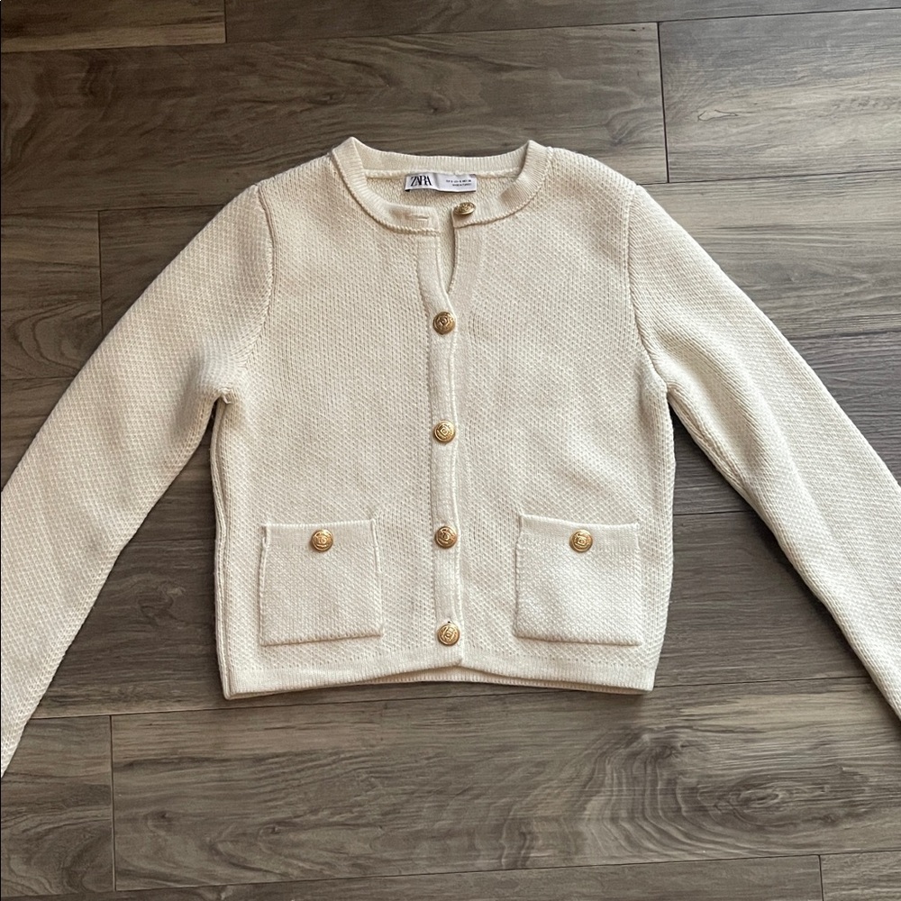 ZARA Cream Knit Gold-Button Cardigan